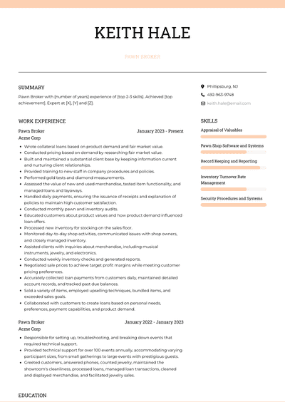 Pawn Broker Resume Examples and Templates