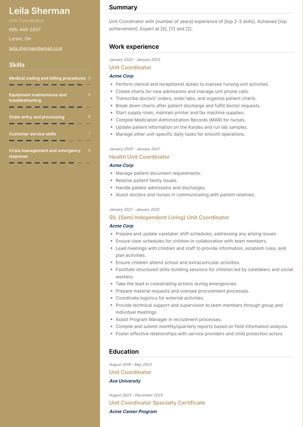 Unit Coordinator Resume Examples and Templates