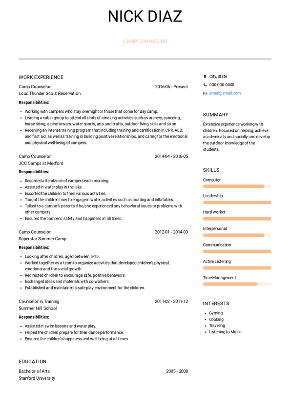 Camp Counselor Resume Samples and Templates | VisualCV