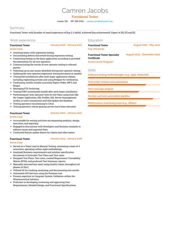 resume format for functional tester