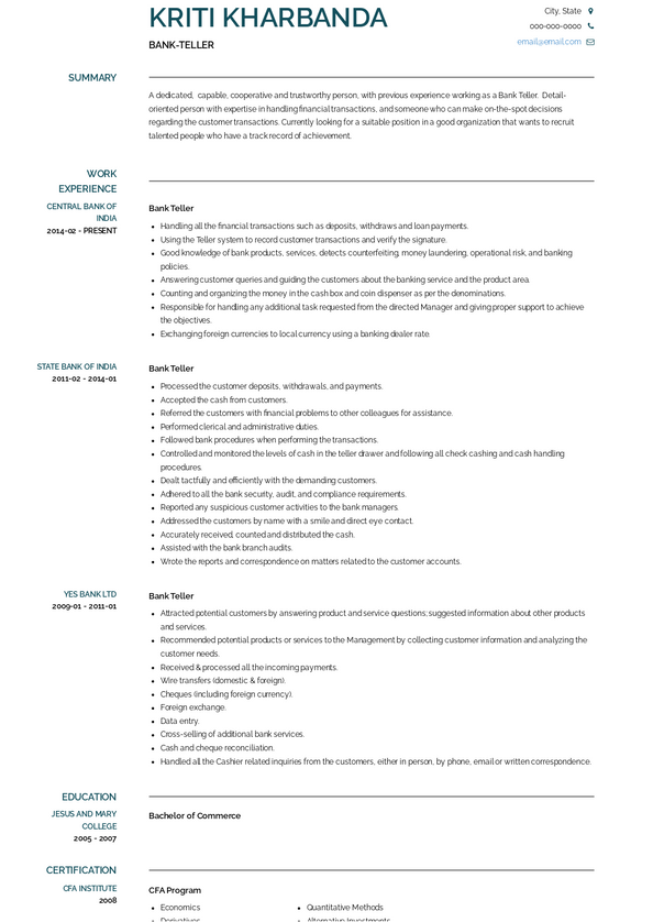 resume examples bank teller