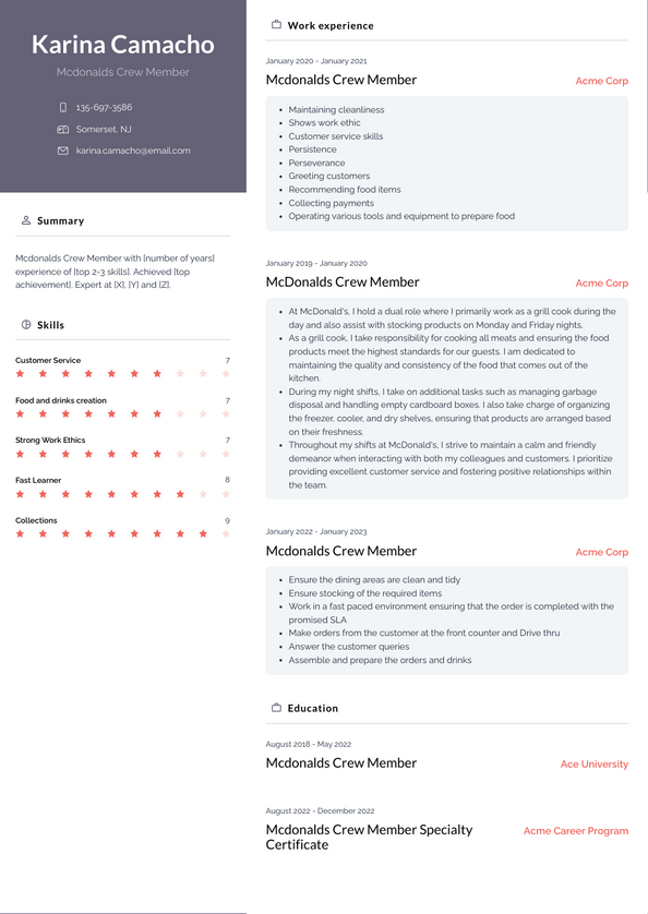 Mcdonalds Crew Member Resume Examples and Templates