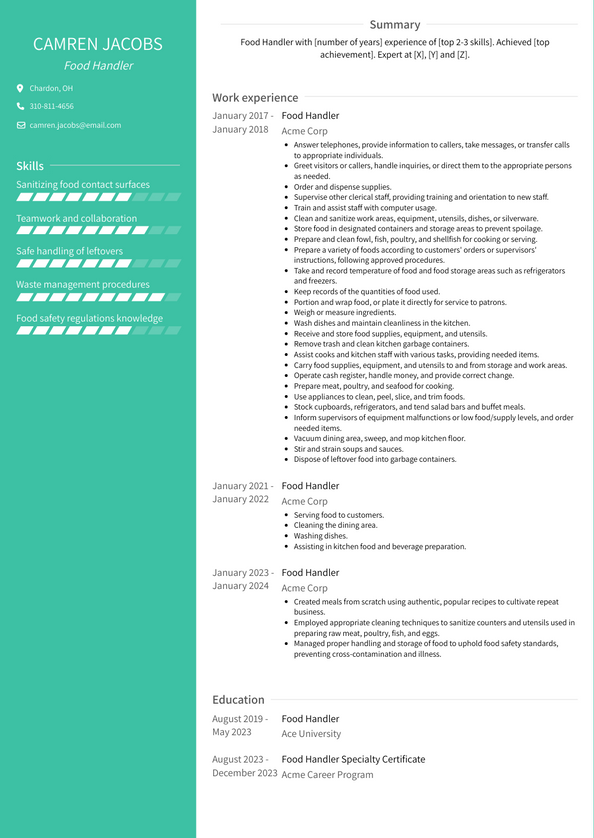 Food Handler Resume Examples And Templates 