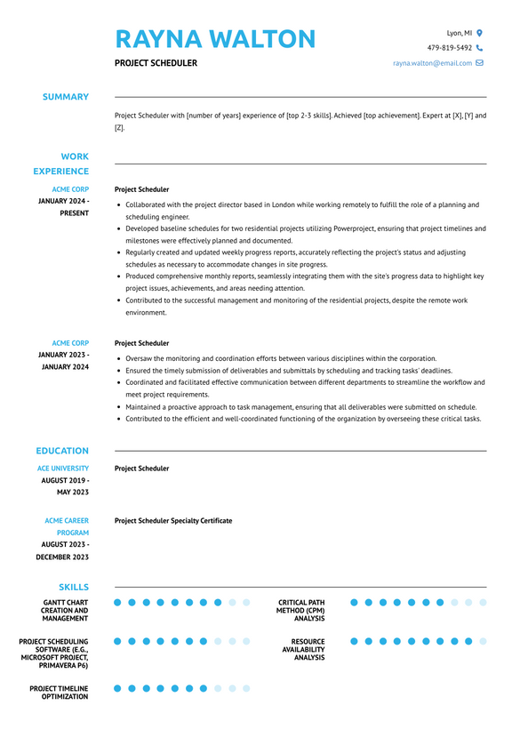 Project Scheduler Resume Examples and Templates