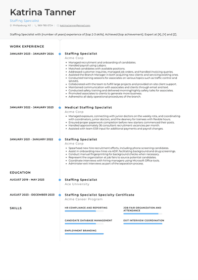 Staffing Specialist Resume Examples and Templates