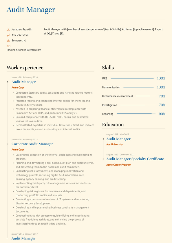 Audit Manager Resume Examples And Templates