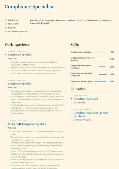 3+ Compliance Specialist Resume Examples and Templates