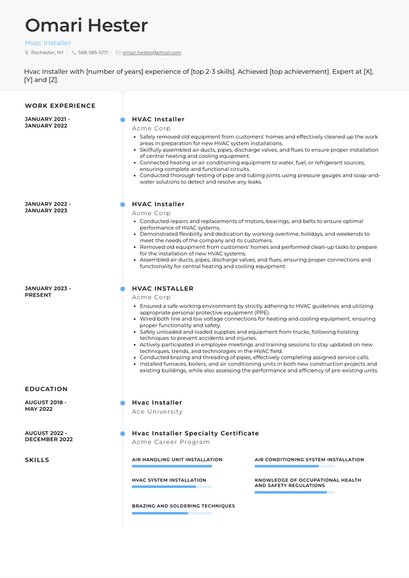 Hvac Installer Resume Examples and Templates