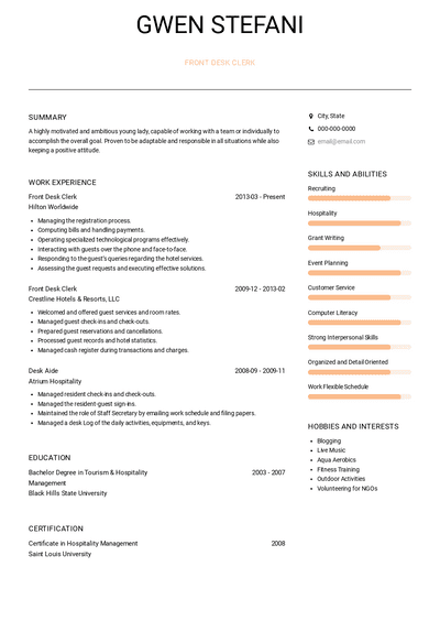 Front Desk Clerk Resume Samples and Templates | VisualCV