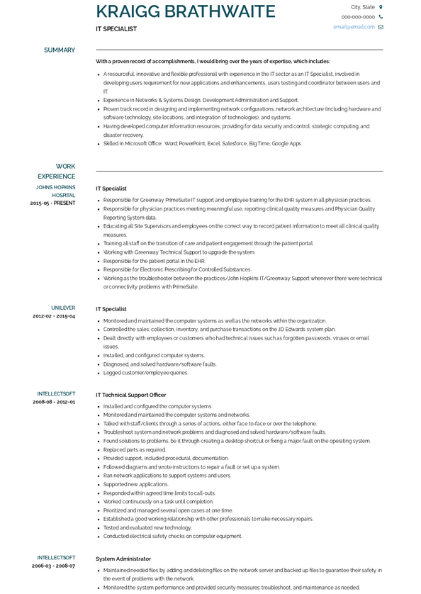 IT Specialist Resume Samples and Templates | VisualCV