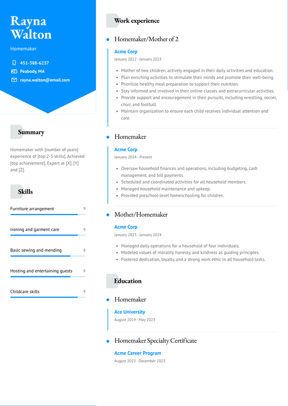 Homemaker Resume Examples and Templates