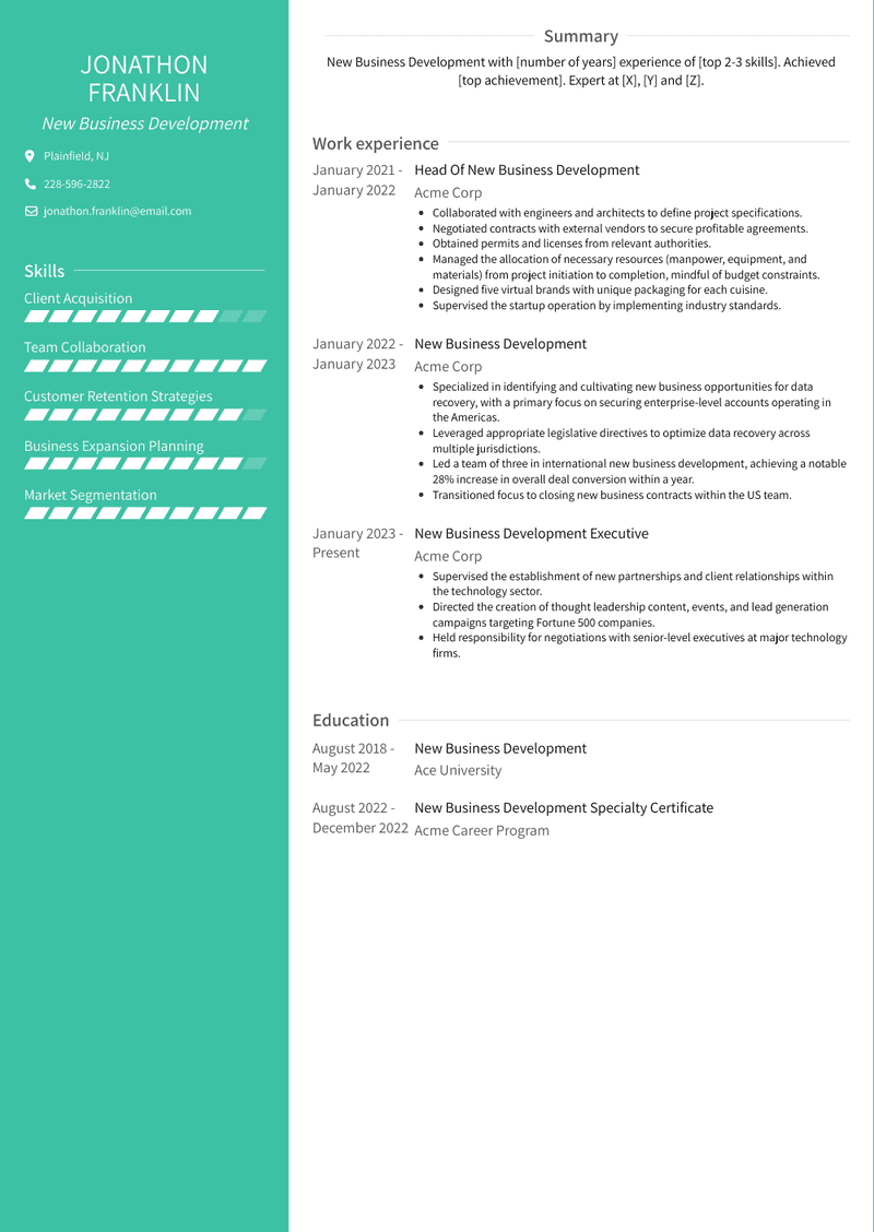 New Business Development Resume Sample and Template
