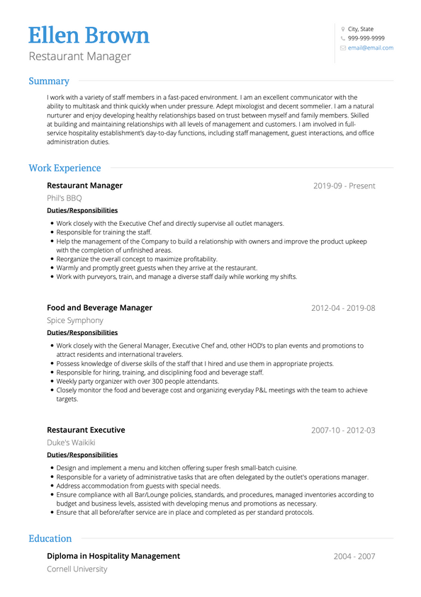 Restaurant Manager CV Examples & Templates | VisualCV