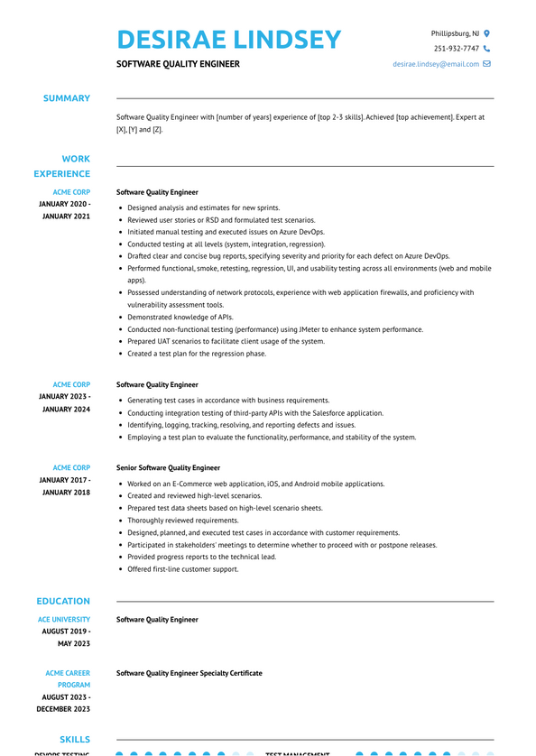 Software Quality Engineer Resume Examples and Templates