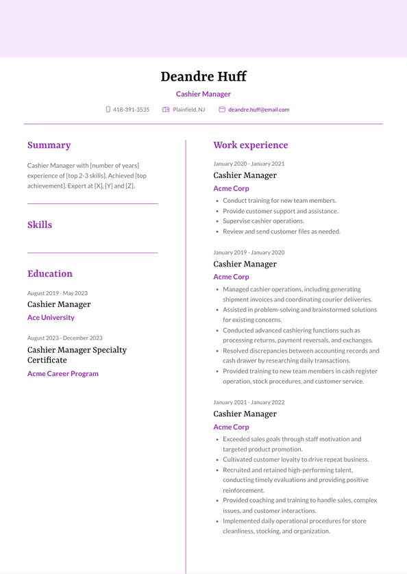 Cashier Manager Resume Examples and Templates