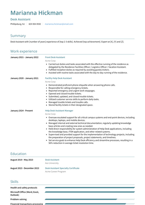 Desk Assistant Resume Sample and Template