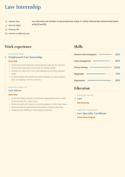 resume format for law internship