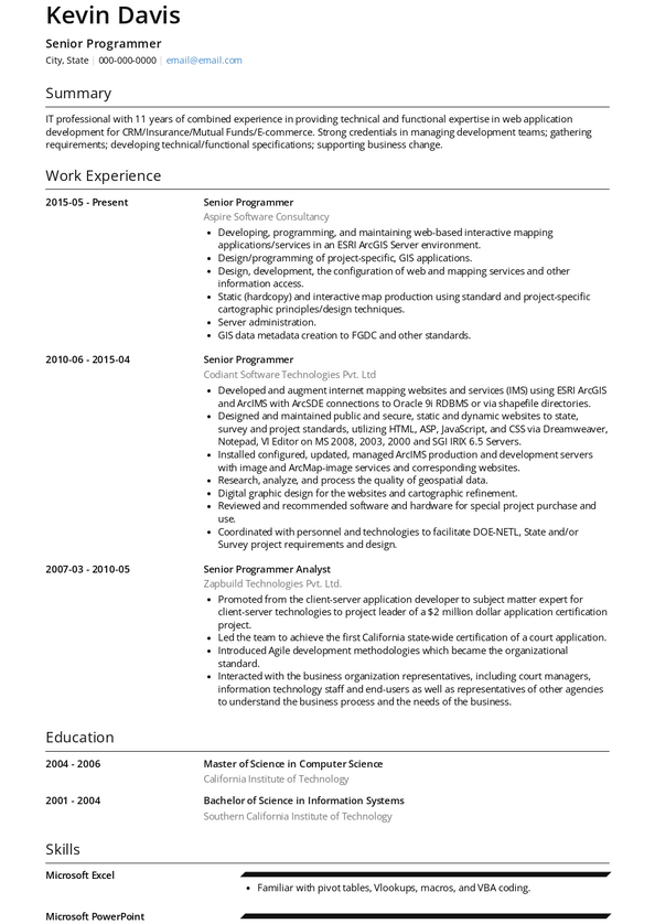 Senior Programmer Resume Samples and Templates | VisualCV