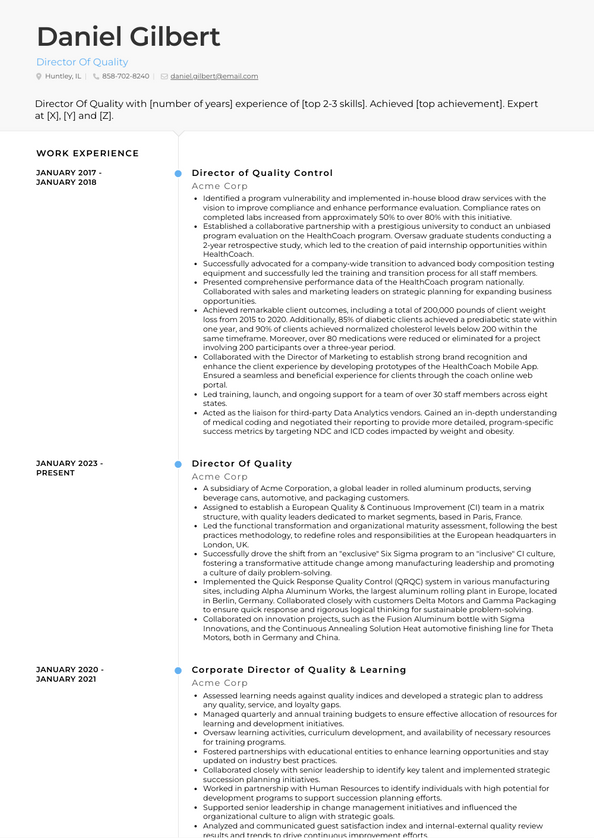 Director Of Quality Resume Examples and Templates