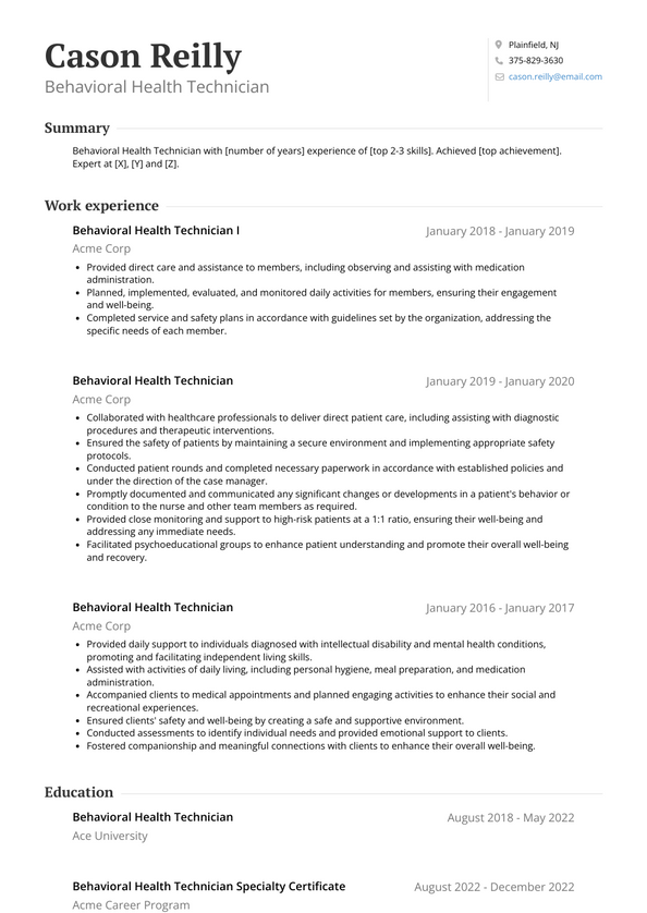 3+ Behavioral Health Technician Resume Examples and Templates