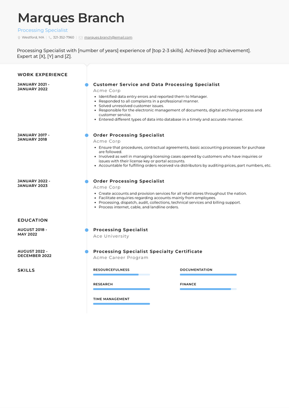 Processing Specialist Resume Examples and Templates