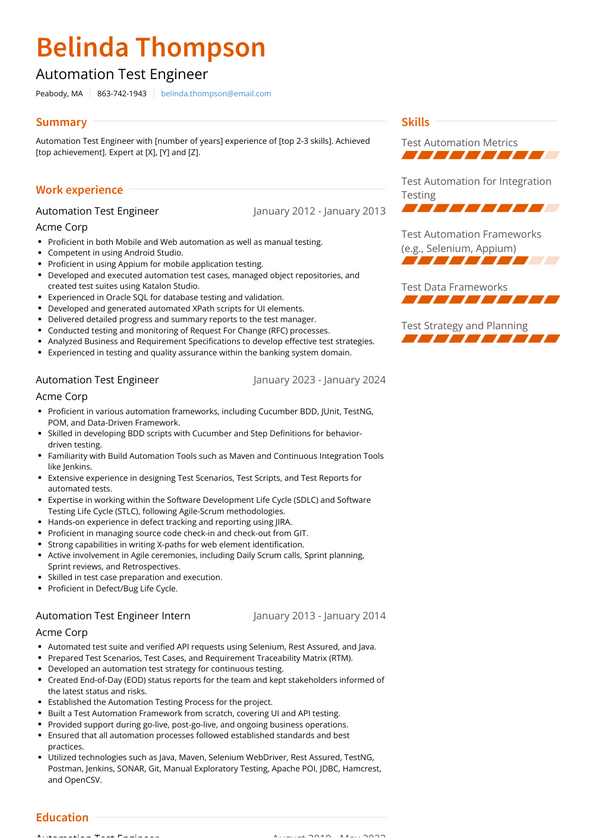 Automation Test Engineer Resume Examples And Templates