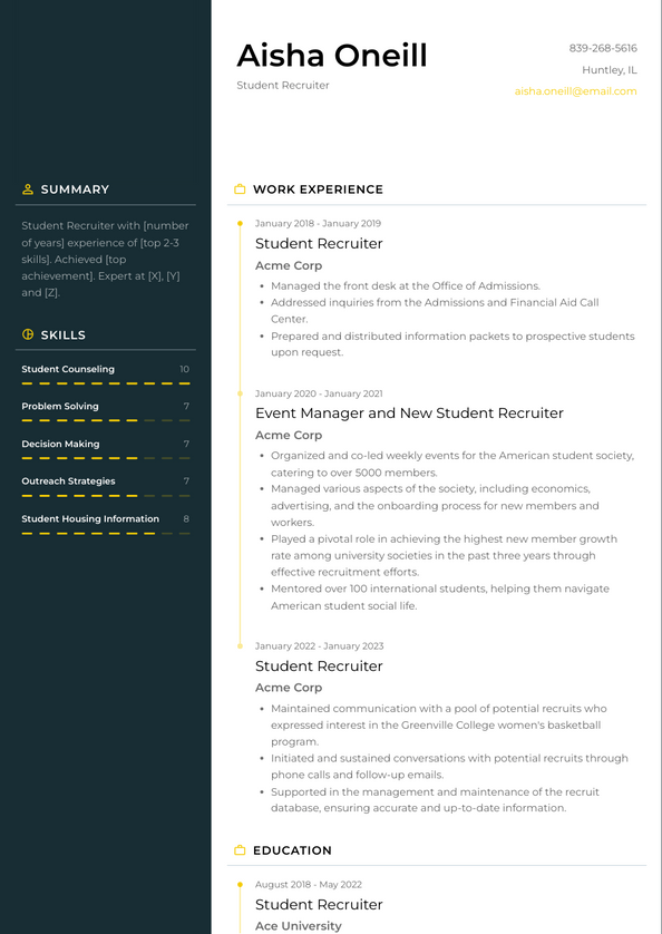 student recruiter job description for resume