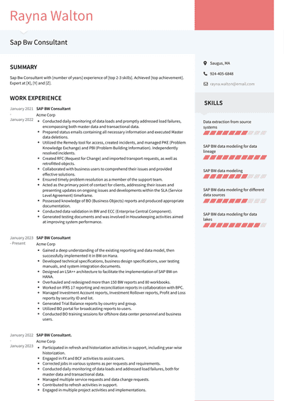 Sap Bw Consultant Resume Examples and Templates