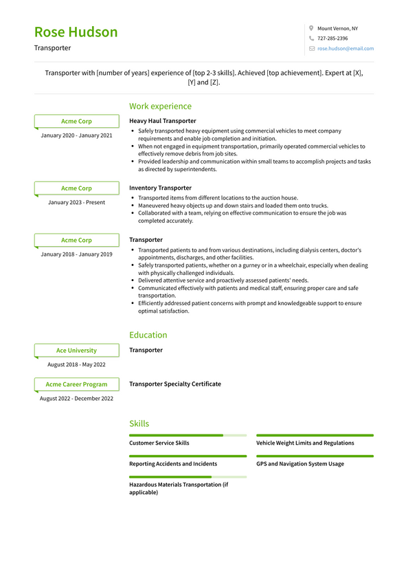 Transporter Resume Examples and Templates