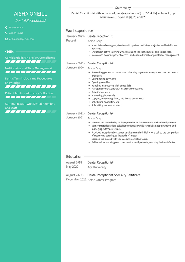 3 Dental Receptionist Resume Examples And Templates   Dental Receptionist Resume Example Avant 