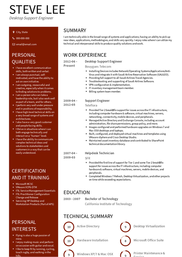 Desktop Support Engineer Resume Samples and Templates | VisualCV