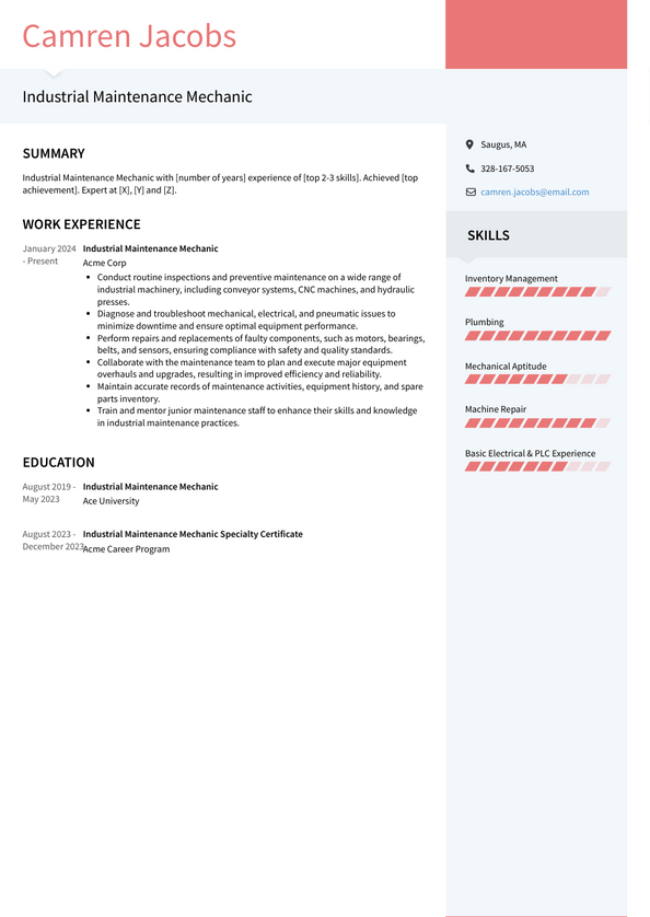 resume for industrial mechanic