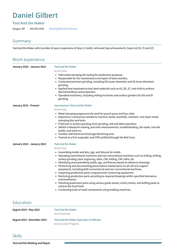 Tool And Die Maker Resume Examples and Templates