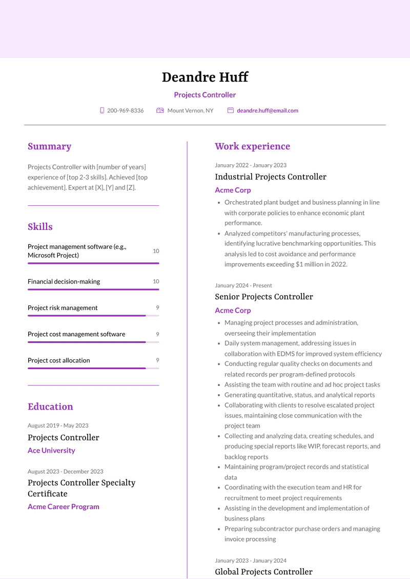 Projects Controller Resume Sample and Template