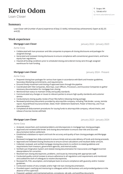 Loan Closer Resume Examples and Templates