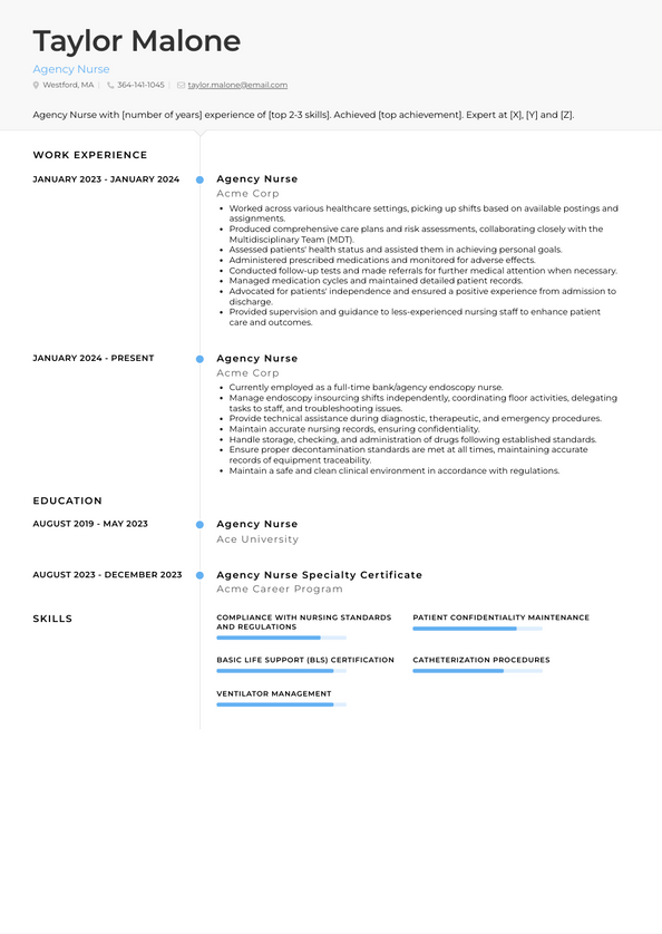 Agency Nurse Resume Examples and Templates