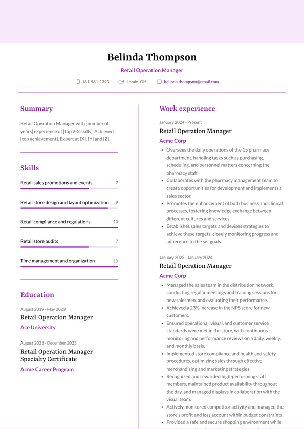 Retail Operation Manager Resume Examples and Templates