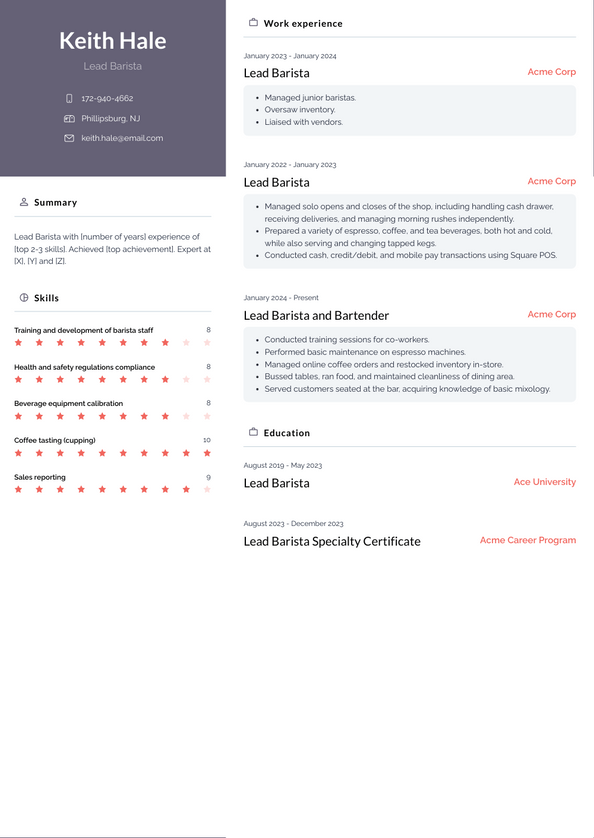 Lead Barista Resume Examples and Templates