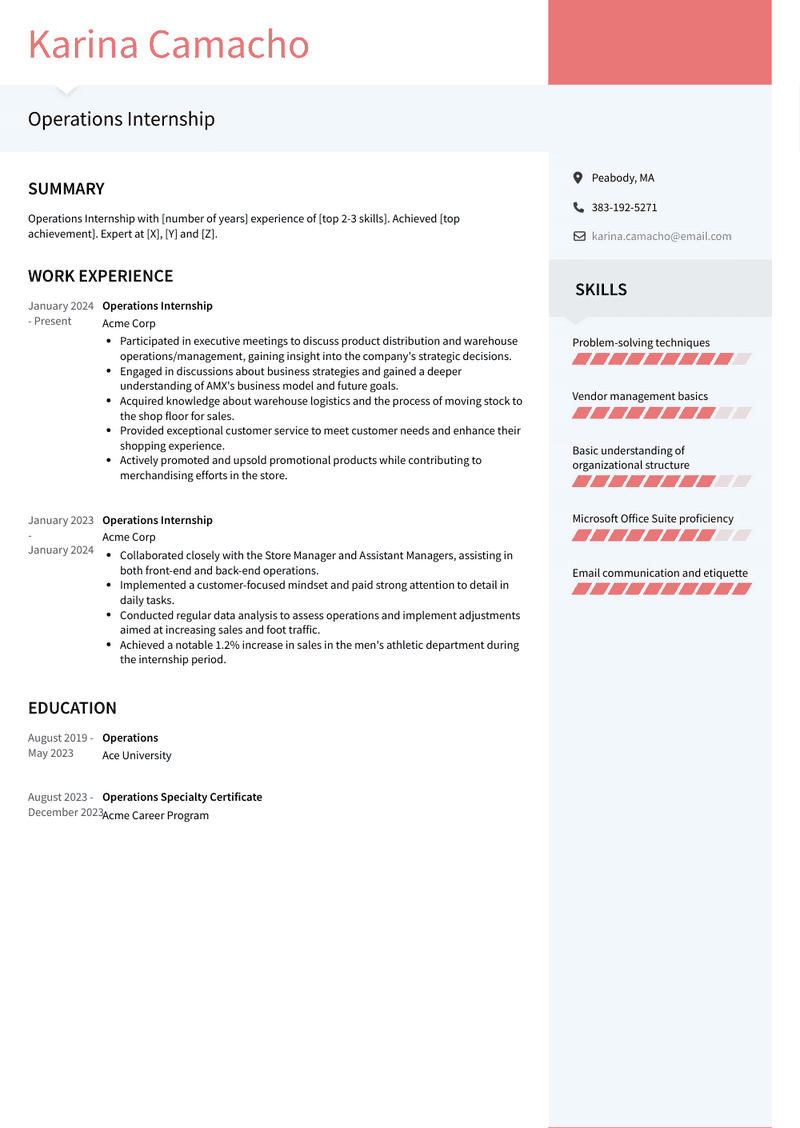 Operations Internship Resume Sample and Template