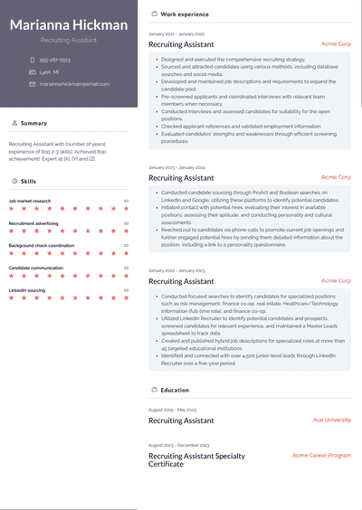 Recruiting Assistant Resume Examples and Templates