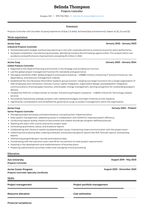 Projects Controller Resume Examples and Templates