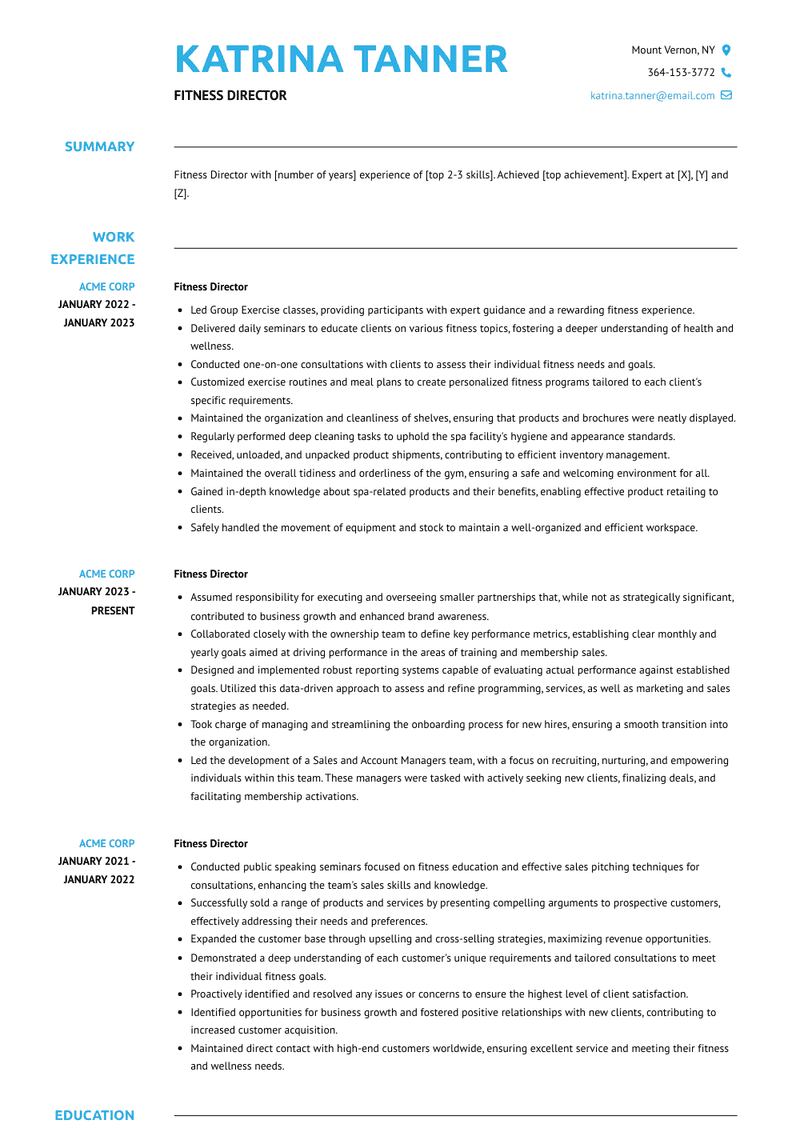 Fitness Director Resume Sample and Template