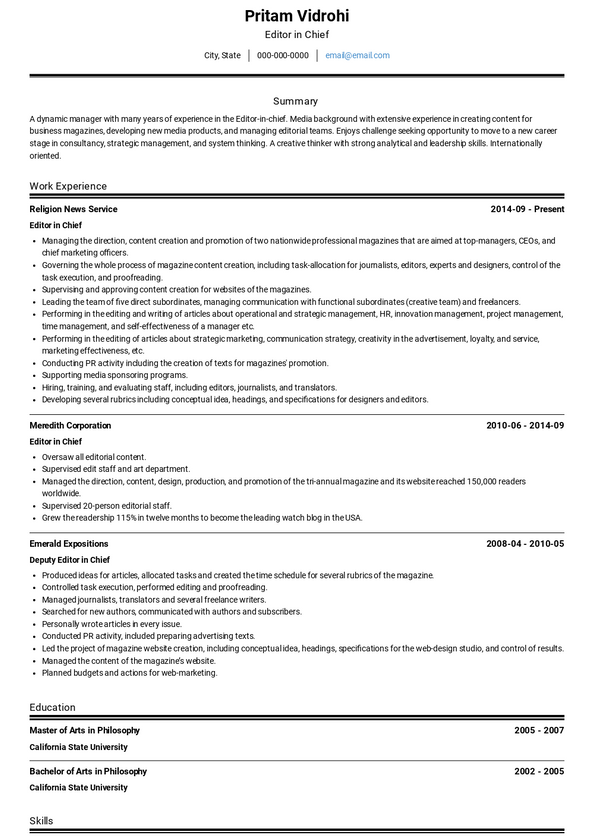 Editor-in-chief Resume Samples and Templates | VisualCV